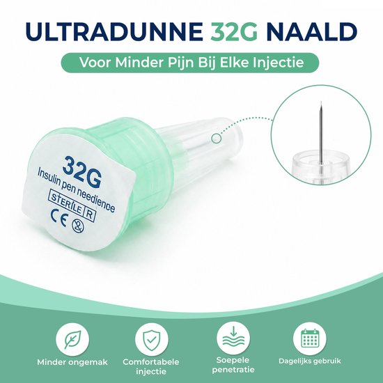 Eén groene 32G insuline pennaald met een label 'STERILE R', met een detailweergave van de naald.