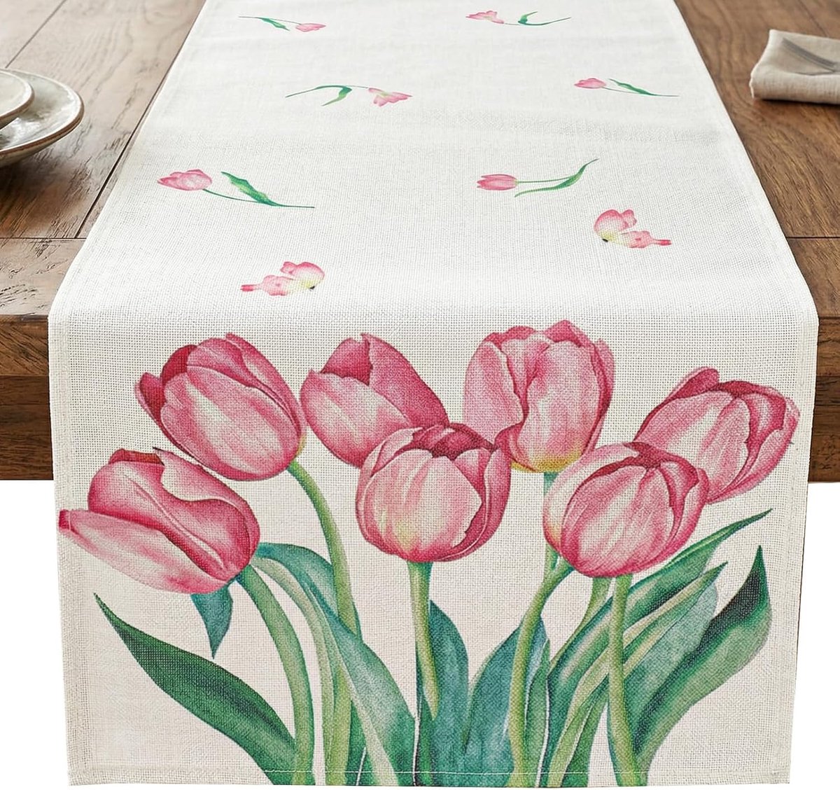Tafelloper met roze bloemen, tulpen, afwasbaar met vlinders, aquareldesign voor lente, keuken, eetkamer, woonkamer, binnen en buiten, feest, 40 x 140 cm