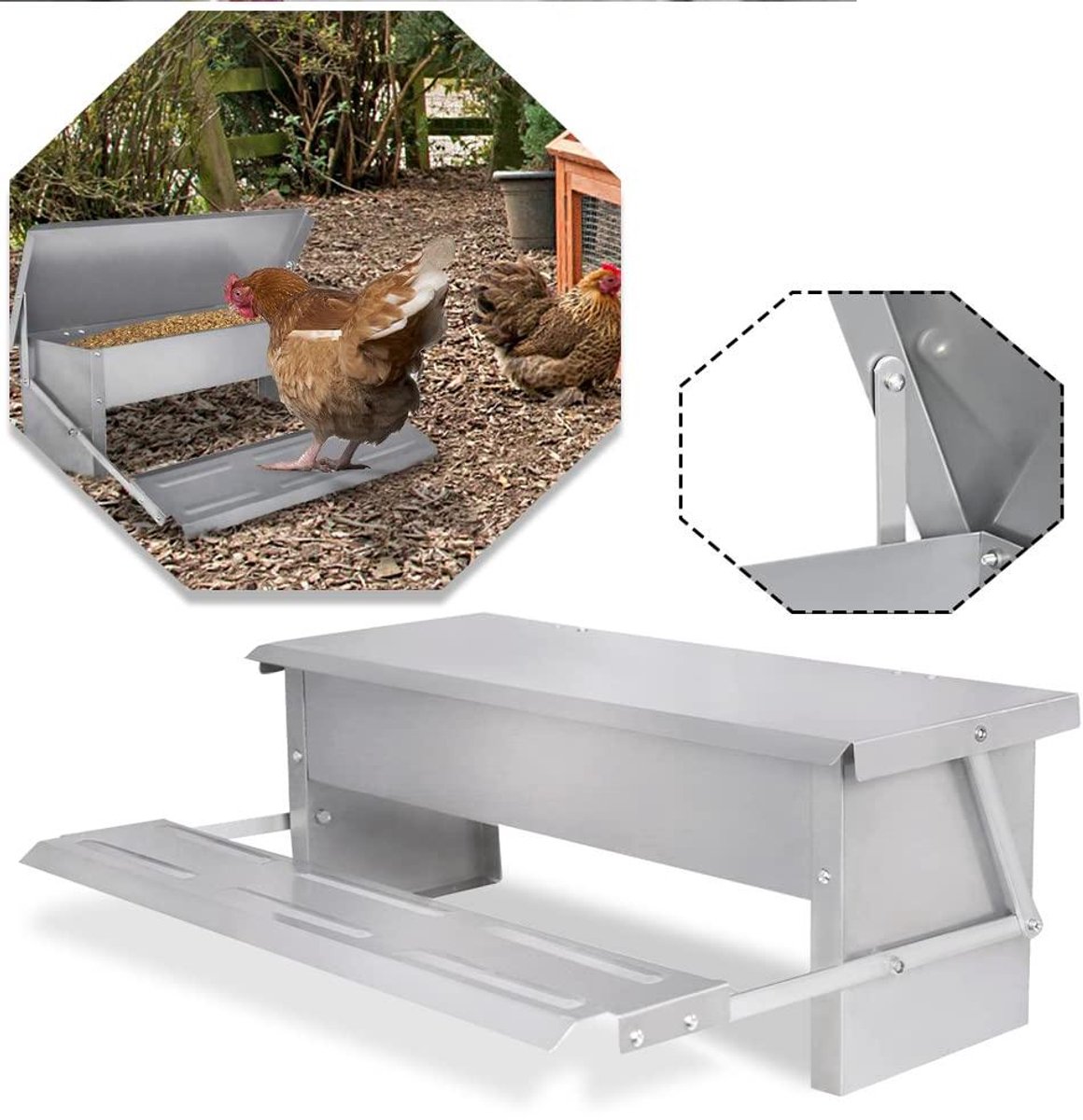 Automatische Kip Voerbak - Voederautomaat Gevogelte - Kippen Voeden - Zelfopenend Pedaal - 5 kg - Zilver