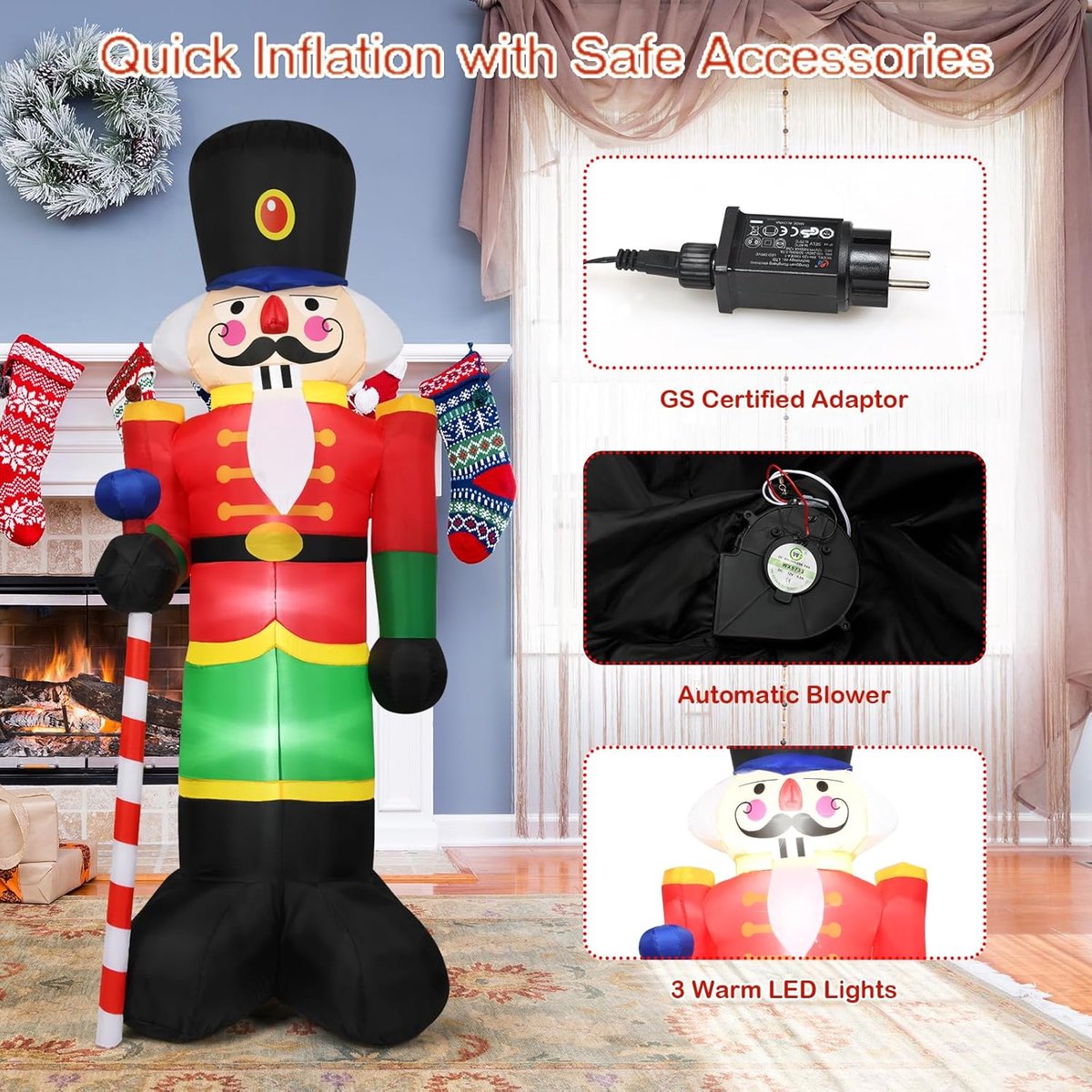 Opblaasbare Kerstman Soldaat - Kerstfiguur Decoratie - Tuin Versieren - Met Ingebouwde Verlichting - 240 cm - Multicolor – foto 7