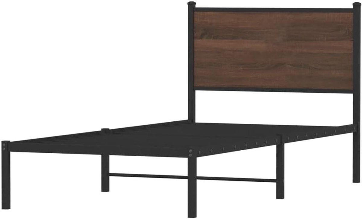 Bedframe met hoofdbord - Ledikant Metalen Bed - Slaapkamer Inrichten - Stabiel Stalen Frame - 80x200 cm - Bruin Eikenkleur