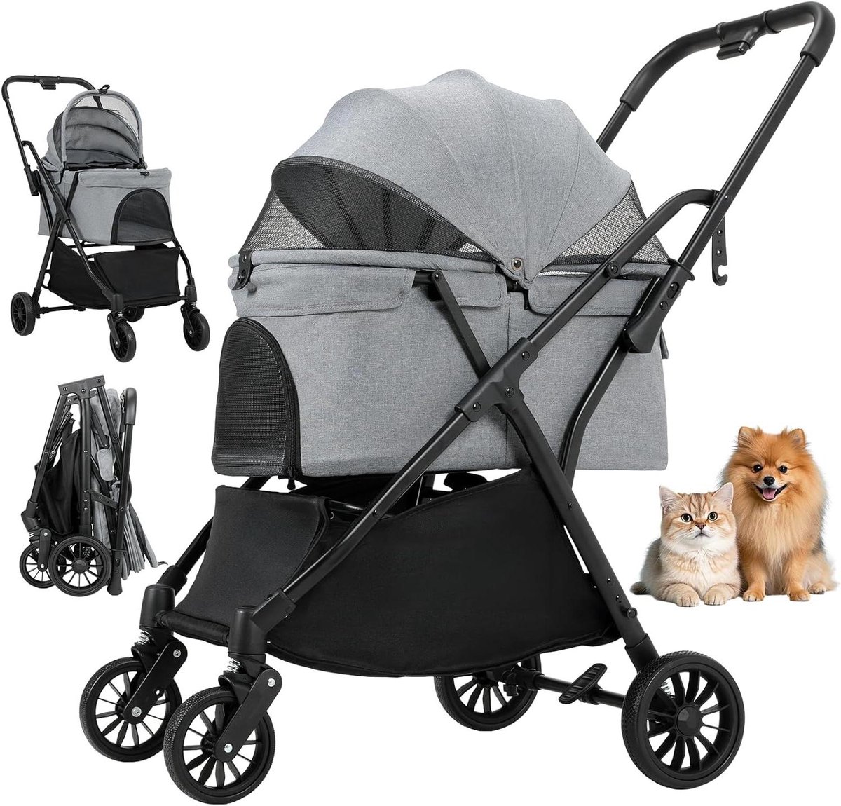 Hondenbuggy Opvouwbaar - Reisbuggy Dier - Comfortabel Vervoer - One-Touch Vouwsysteem - Tot 20 kg - Donkergrijs