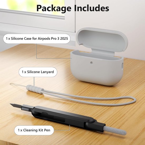 Hoesje compatibel met AirPods Pro 3 hoesje, schokbestendig, valbescherming, krasbestendig, siliconen hoes voor AirPods Pro 3e generatie met reinigingsset en koord, grijs van hoesje — afbeelding 2