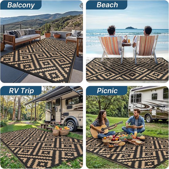 Buitentapijt Omkeerbaar - Terrastapijt Waterdicht - Buiten Leven - Dubbelzijdig Patroon - 275x365cm - Zwart Bruin Ruit — afbeelding 2