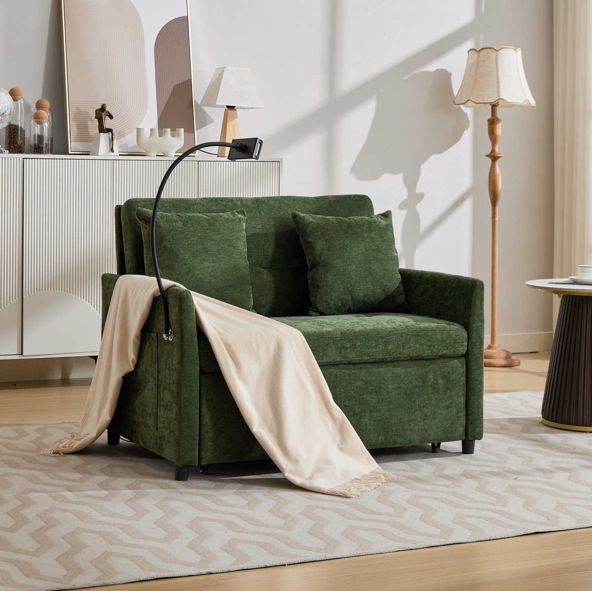 MIVRAY Slaapbank 109 x 82 x 82 cm - Uitklapbare 1-Zits Bank Met USB-Oplaadpoort En Tablethouder - Voor Woonkamer En Kantoor - Polyester Groen