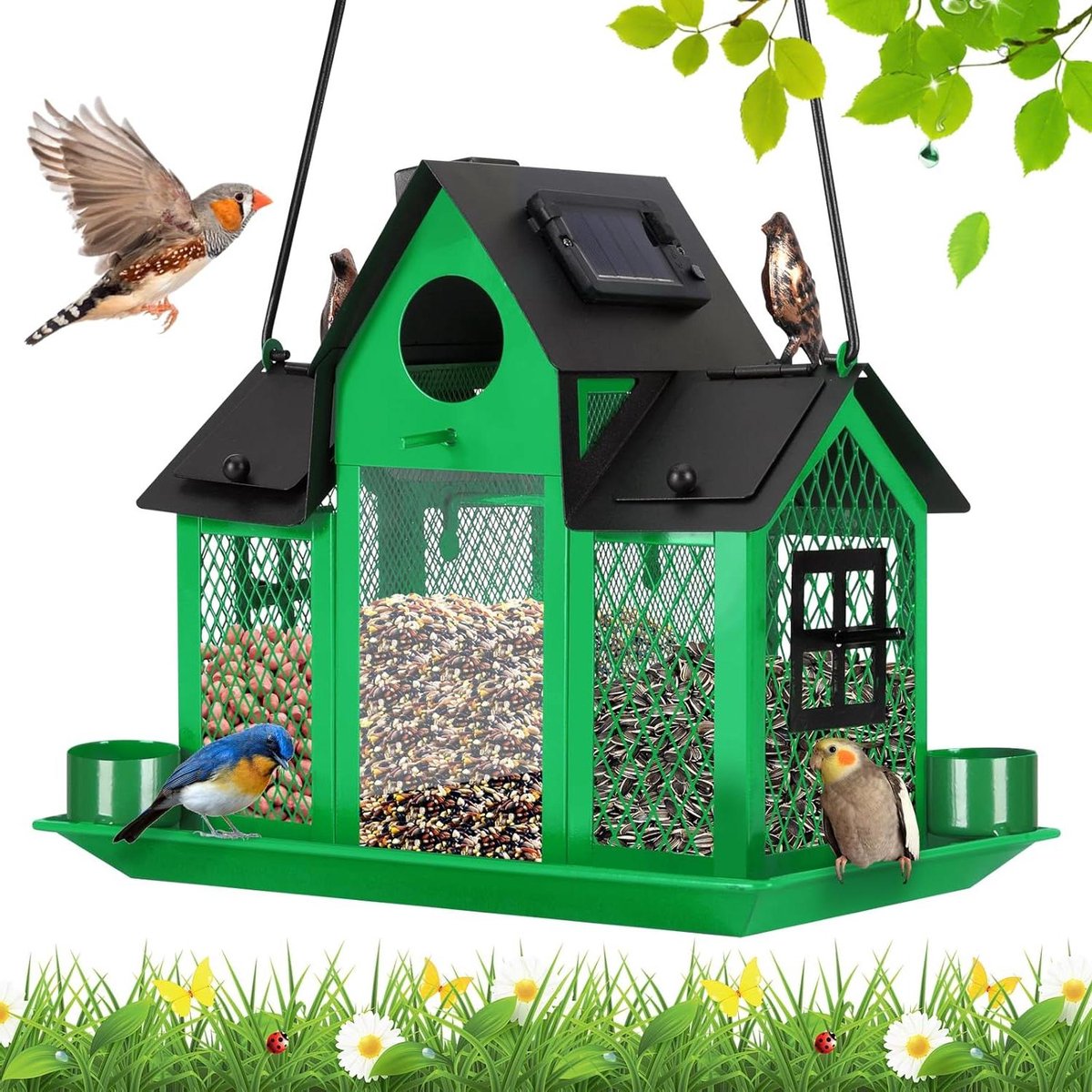 Vogelvoederhuis Zonne-energie - Voederbak Buiten - Vogels Voeren - Met Tuinlamp Functie - 28.96 x 19.05 x 22.86 cm - Groen