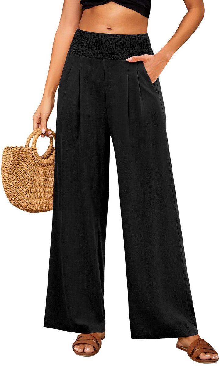 damesbroek, zomerbroek, wijde pijpen, katoen, linnen, zomerbroek, elastisch, hoge taille, lange vrijetijdsbroek, lichte losse boho-broek, strandbroek met zakken, comfortabele stoffen