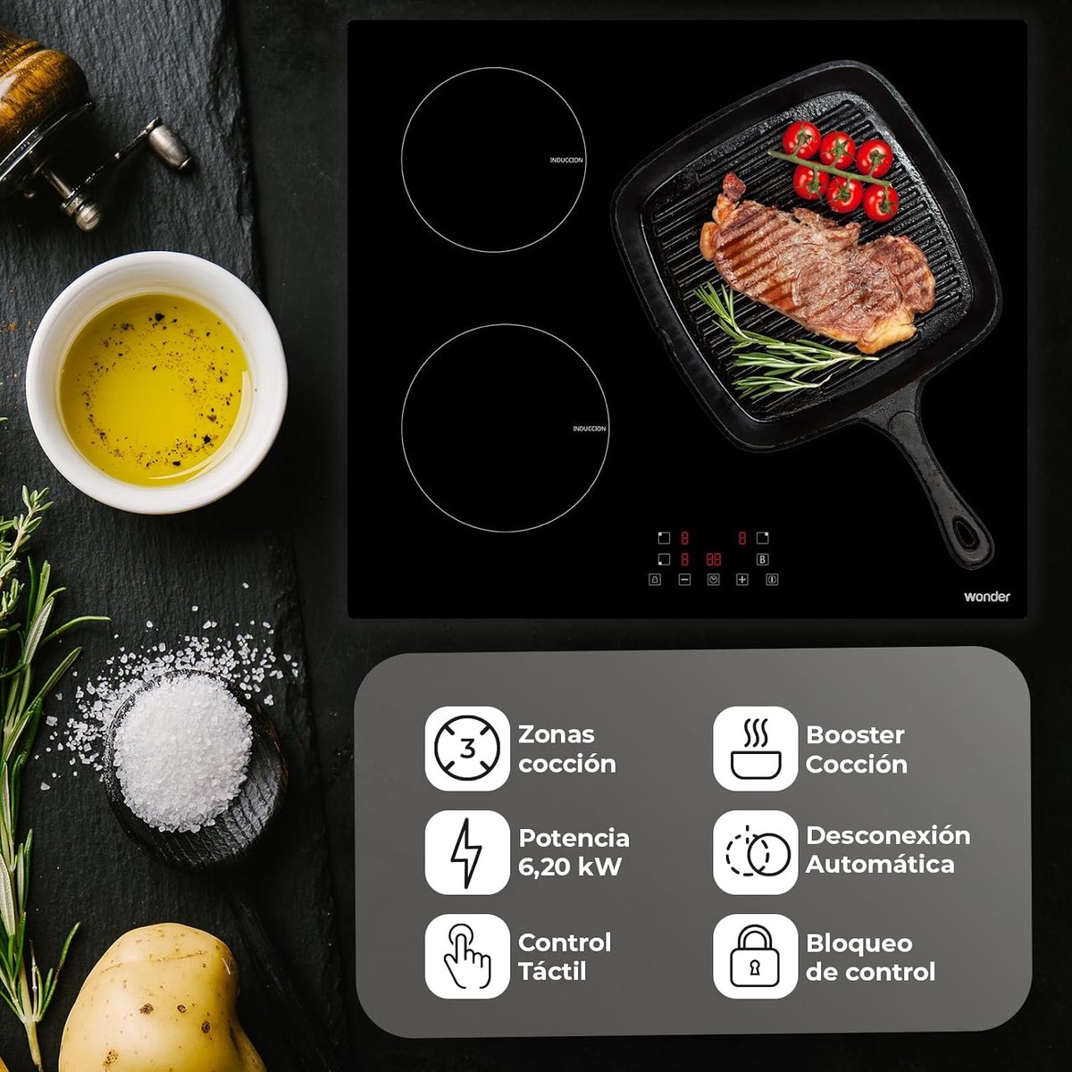 Inductiekookplaat Zwart Glas - Kookplaat 3 Zones - Snel Koken - Touch Bediening Booster - 60 cm - Zwart