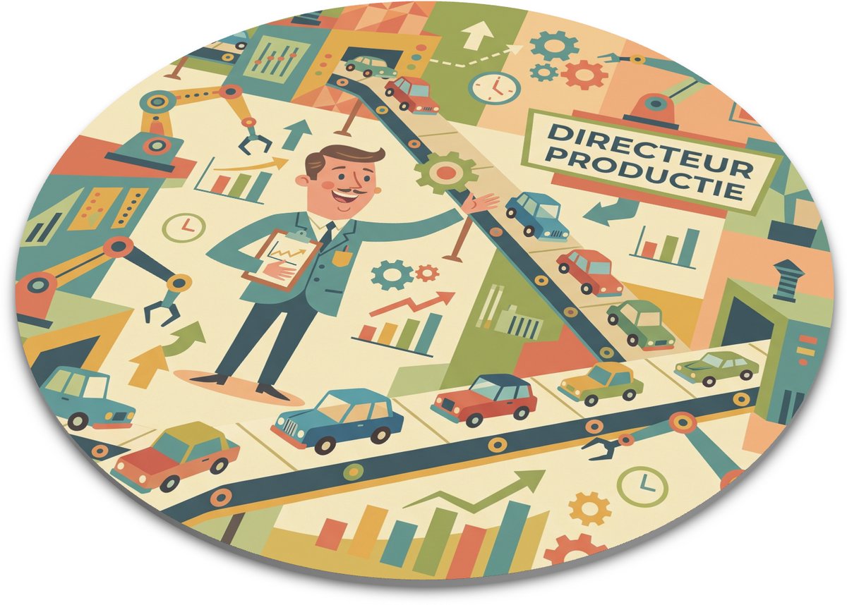 Ronde muismat Directeur Productie met fabriek illustratie, retro gouache stijl met lopende banden, robotarmen, auto’s en grafieken voor productie cadeau