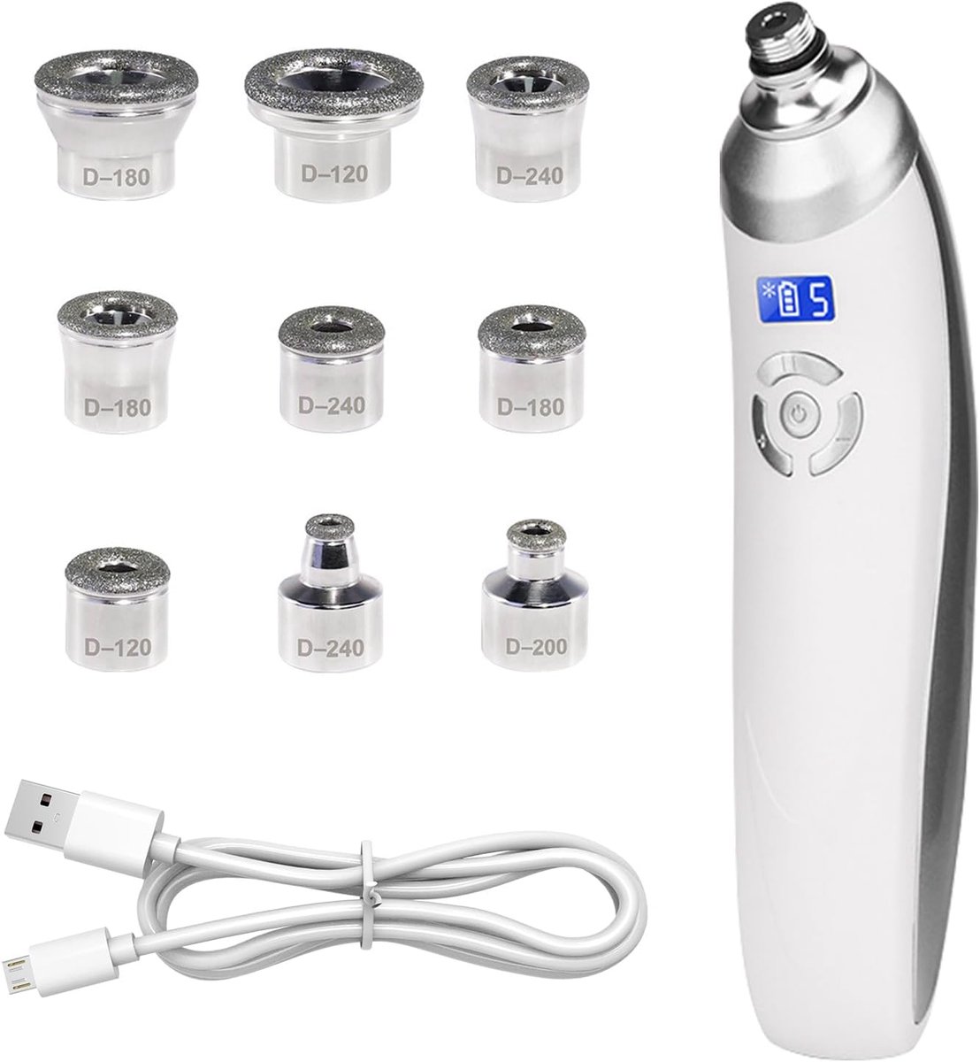 Microdermabrasiemachine, mee-eterzuiger met 9 diamantkoppen – draagbaar microdermabrasieapparaat voor gezichts peeling en dieptereiniging.