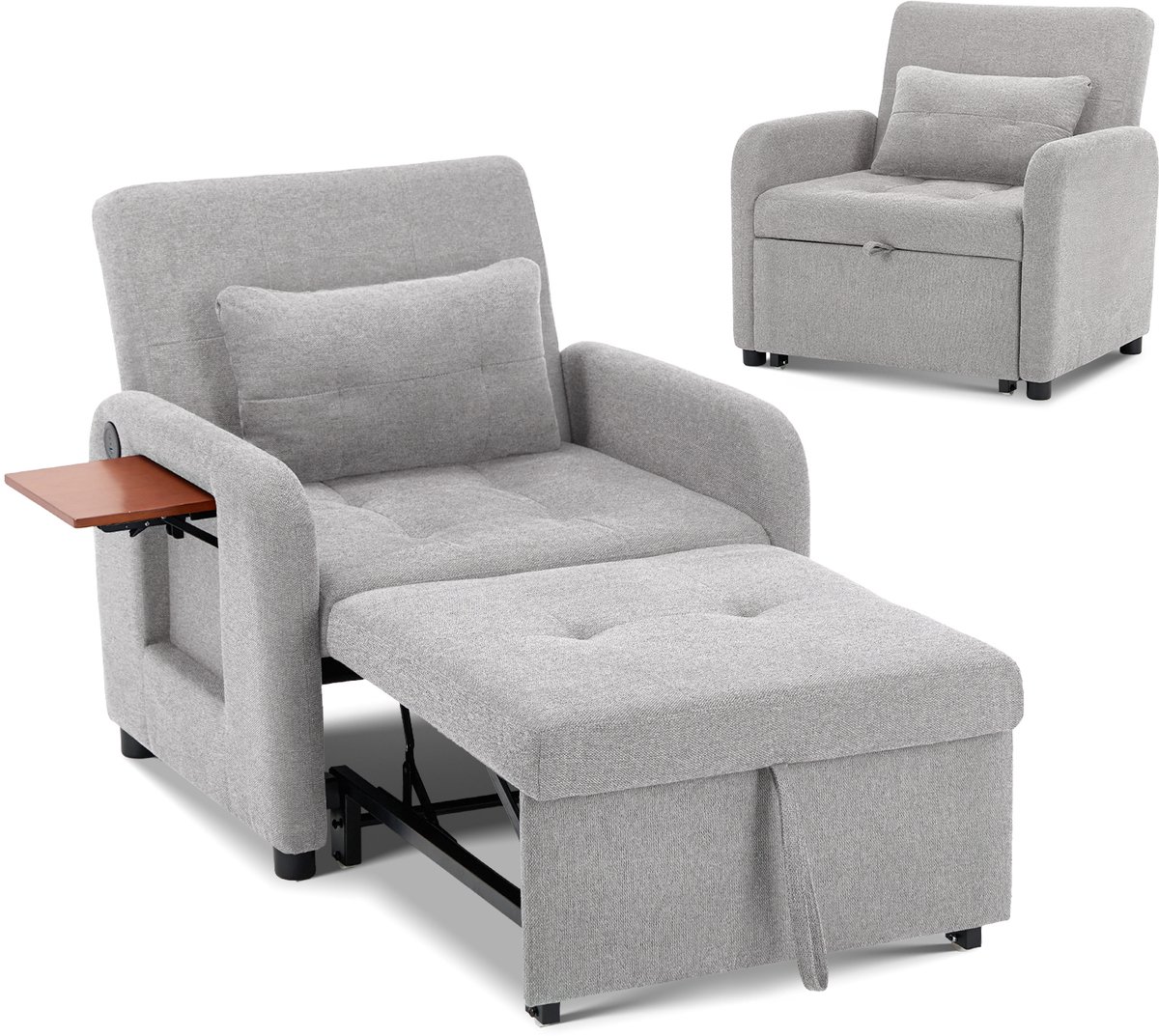 Colamy Opvouwbare Relaxfauteuil Lichtgrijs - Stoffen Bekleding - Verstelbare Rugleuning - Zit- en Ligfunctie - USB-poort - Inclusief Kussen