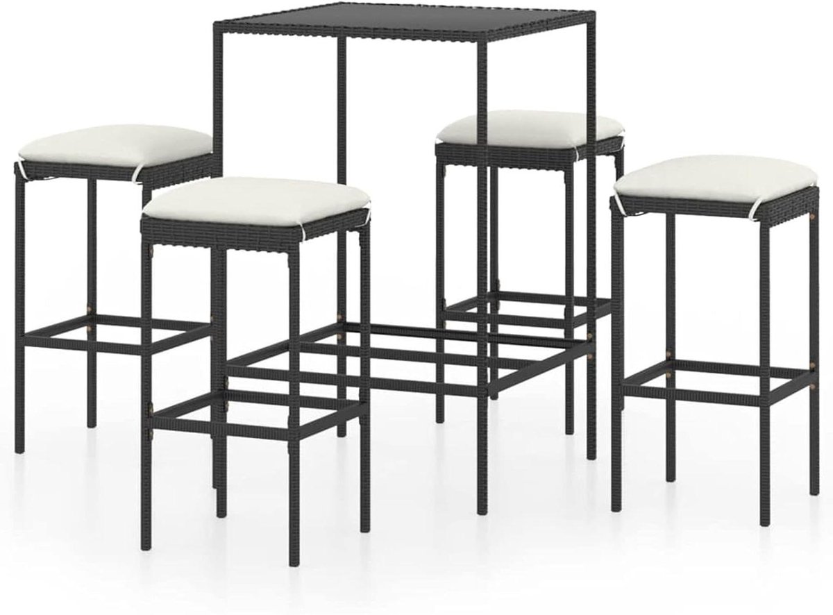 Tuinbarset met kussens - Balkonset hoge tafel - Buiten genieten - Waterafstotend PE-rotan - 5-delig - Zwart