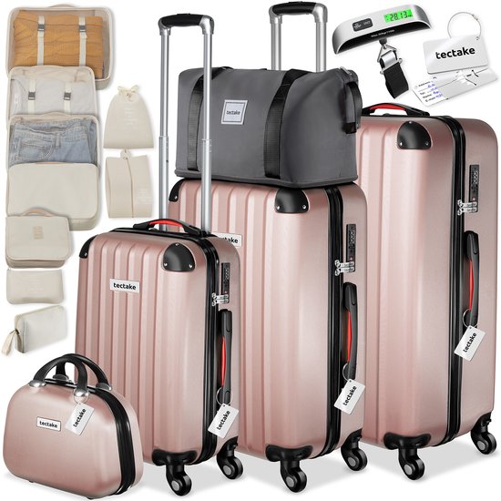 Kofferset van tectake in roségoud: drie koffers in verschillende maten, een reistas, een beautycase en diverse packing cubes. Met weegschaal en label.