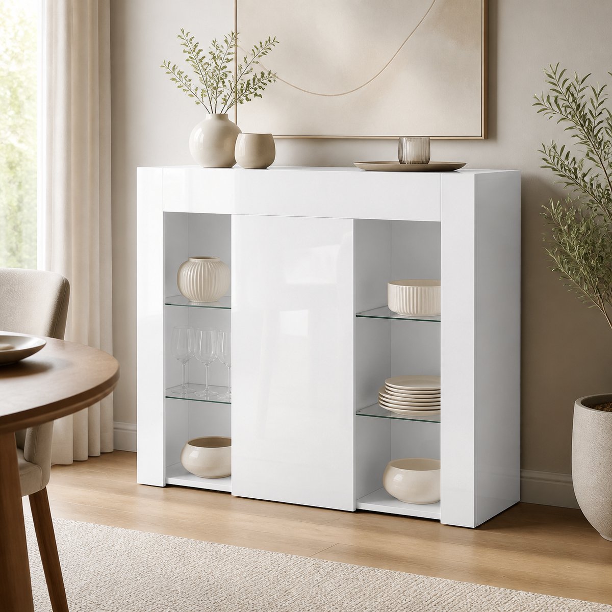 KOMHTOM - Modern wit dressoir met hoogglans front - compacte opbergoplossing met glazen planken en kastdeur - voor woonkamer, eetkamer of keuken - 95x35x83 cm