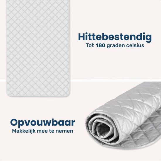 Gestikt grijs strijkkleed, opgerold en plat, met tekst over hittebestendig en opvouwbaar.