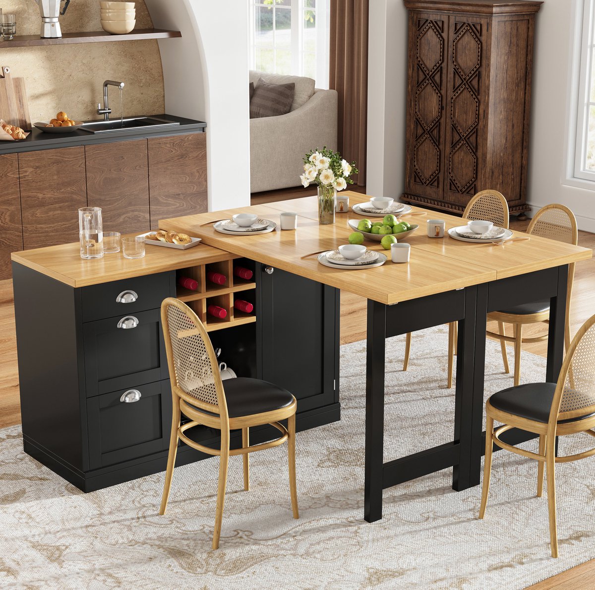 MIVRAY Bartafel - Uitschuifbaar En Opklapbaar Met Opbergruimte En Lade - Voor Keuken En Eethoek - MDF - 120-197x40x74 Cm - Zwart