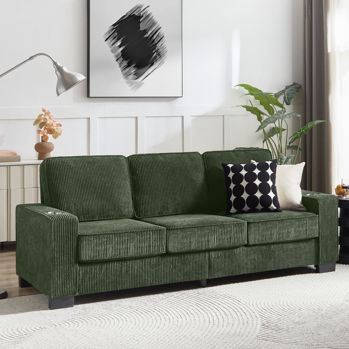 Pugsdrly - 3-zitsbank - Corduroy - Olijfgroen - 206 cm - Bekerhouders - Moderne stijl