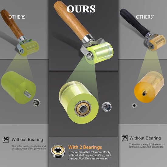 Vergelijking van aandrukrollen met houten handvat: onze rol heeft 2 lagers, anderen hebben geen lagers.