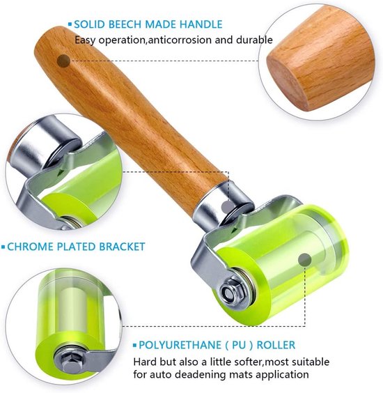 Aandrukroller met massief beukenhouten handvat, chromen beugel en groen polyurethaan rolwiel.