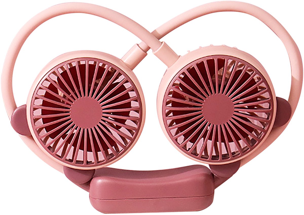 Paarse (taro) draagbare nekventilator (USB-oplaadbaar), flexibel en handsfree; voor kantoor en op reis