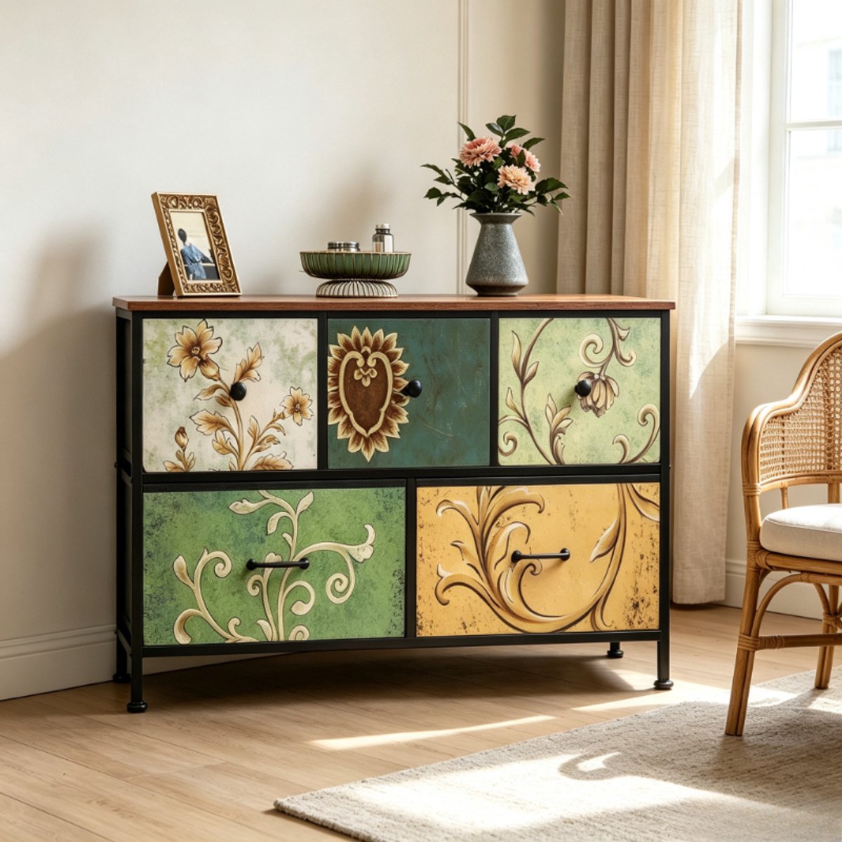 Ladekast 5 lades 100x30x55 cm, commode, dressoir, opbergkast, woonkamerkast met vintage design, MDF, zwart metalen frame