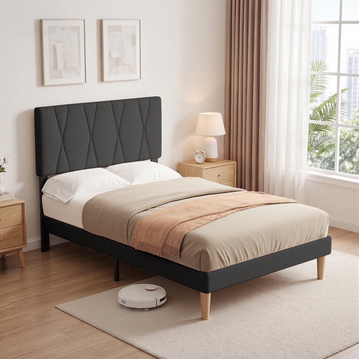 Xbro Gestoffeerd Bed 120 x 200 cm met Hoofdbord en Lattenbodem, Tweepersoonsbed met 20 cm Opbergruimte, Eenvoudige Montage,Donkergrijs