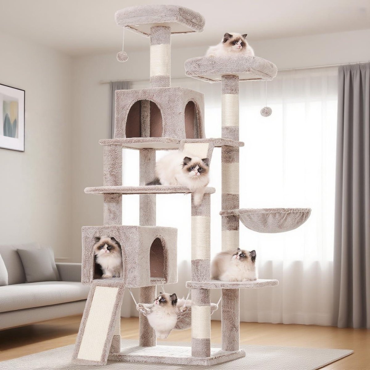 Krabpaal Kattenboom - Kattenhuis Krabmeubel - Katten Vermaken - Extra Stabiele Bodemplaat - 200 cm Hoog - Bruin