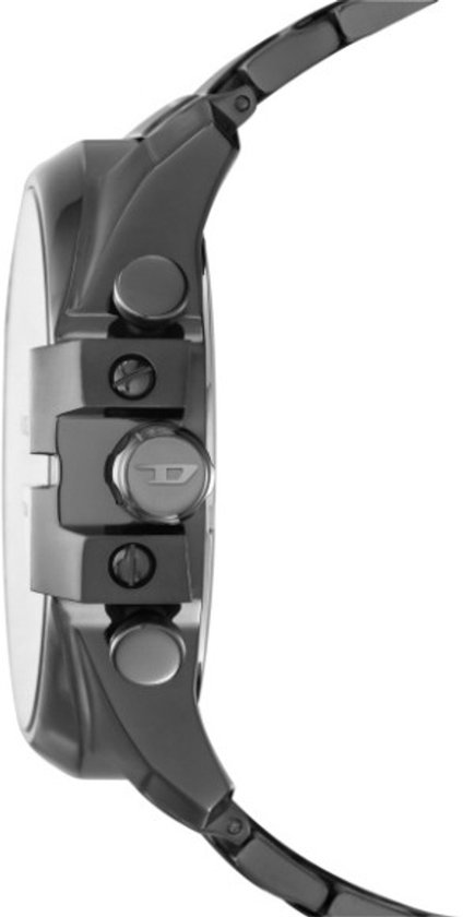 Zijkantprofiel van een donkergrijs Diesel horloge met stalen band.