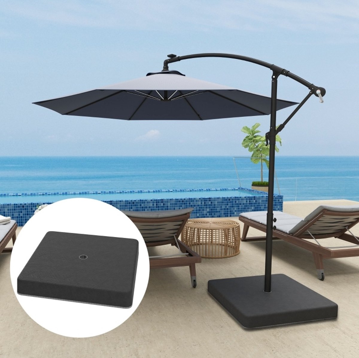 MEUNIQ parasolvoet 89 x 89 x 10,5 cm vulbaar met zand, kunststof, geschikt voor kruisvoet zonder draaifunctie, voor tuin of terras, zwart
