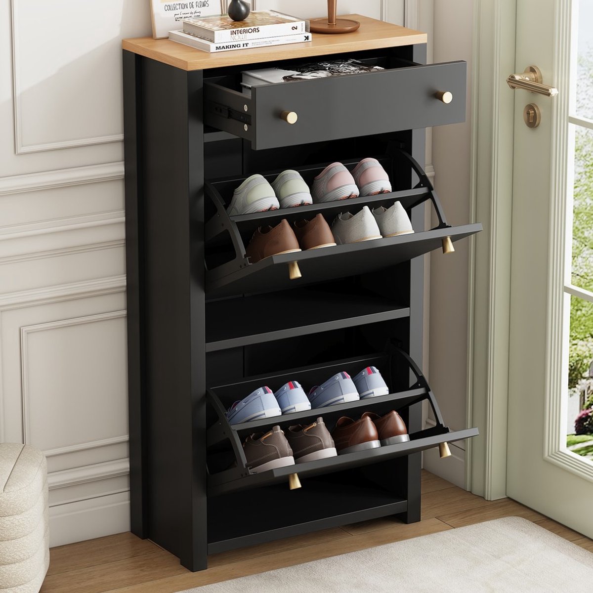 KOMHTOM Schoenenkast met Lade en Kleppen - Zwart Houtlook - Verstelbare Planken - Metalen Handgrepen - 50x24x95cm - Modern Design - Hal Gang Entree Woonkamer - Opbergruimte Schoenen Organizer - Praktisch Ruimtebesparend