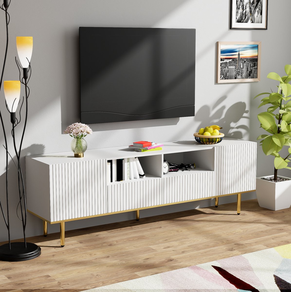 HAUSS SPOLE Dressoir - Modern Tv-Meubel Met 2 Lades En 2 Vakken - Voor Woonkamer - Spaanplaat - 165x36x55 Cm - Wit En Goud
