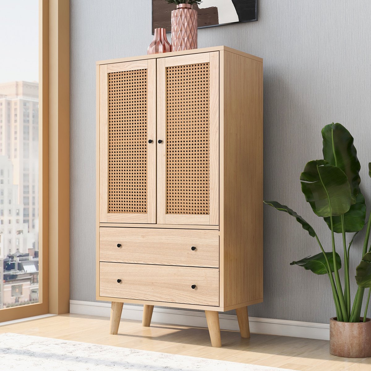 HAUSS SPOLE Dressoir - Met 2 Deuren En 2 Lades Voor Opbergen In Woonkamer Of Eetkamer - Eikenkleur Spaanplaat En Rattanlook - 60x40x120 Cm