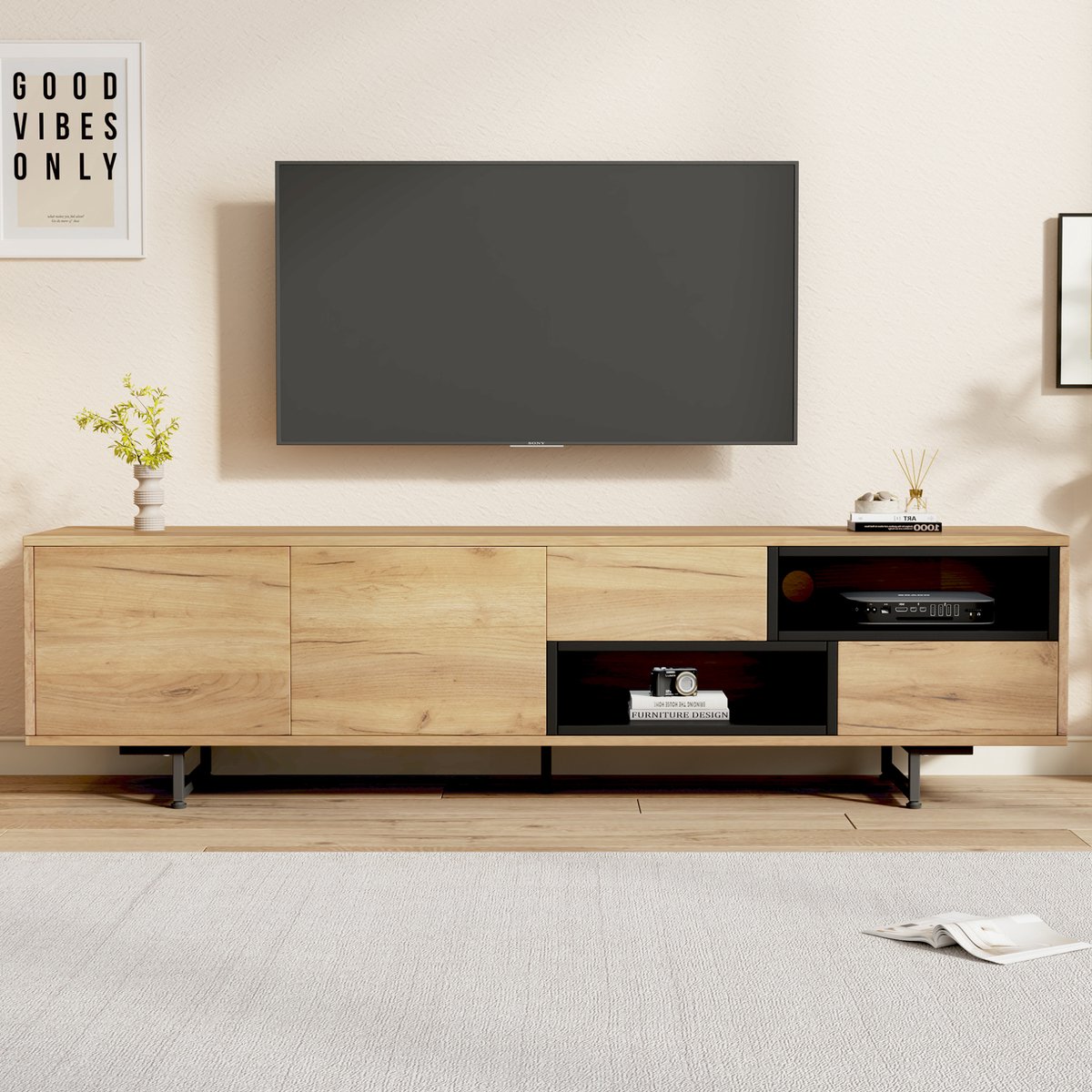 HAUSS SPOLE Dressoir - Laag Televisiemeubel Met Deuren, Laden En Open Vakken - Voor Woonkamer - Spaanplaat - 173x38x48 Cm - Houtkleur