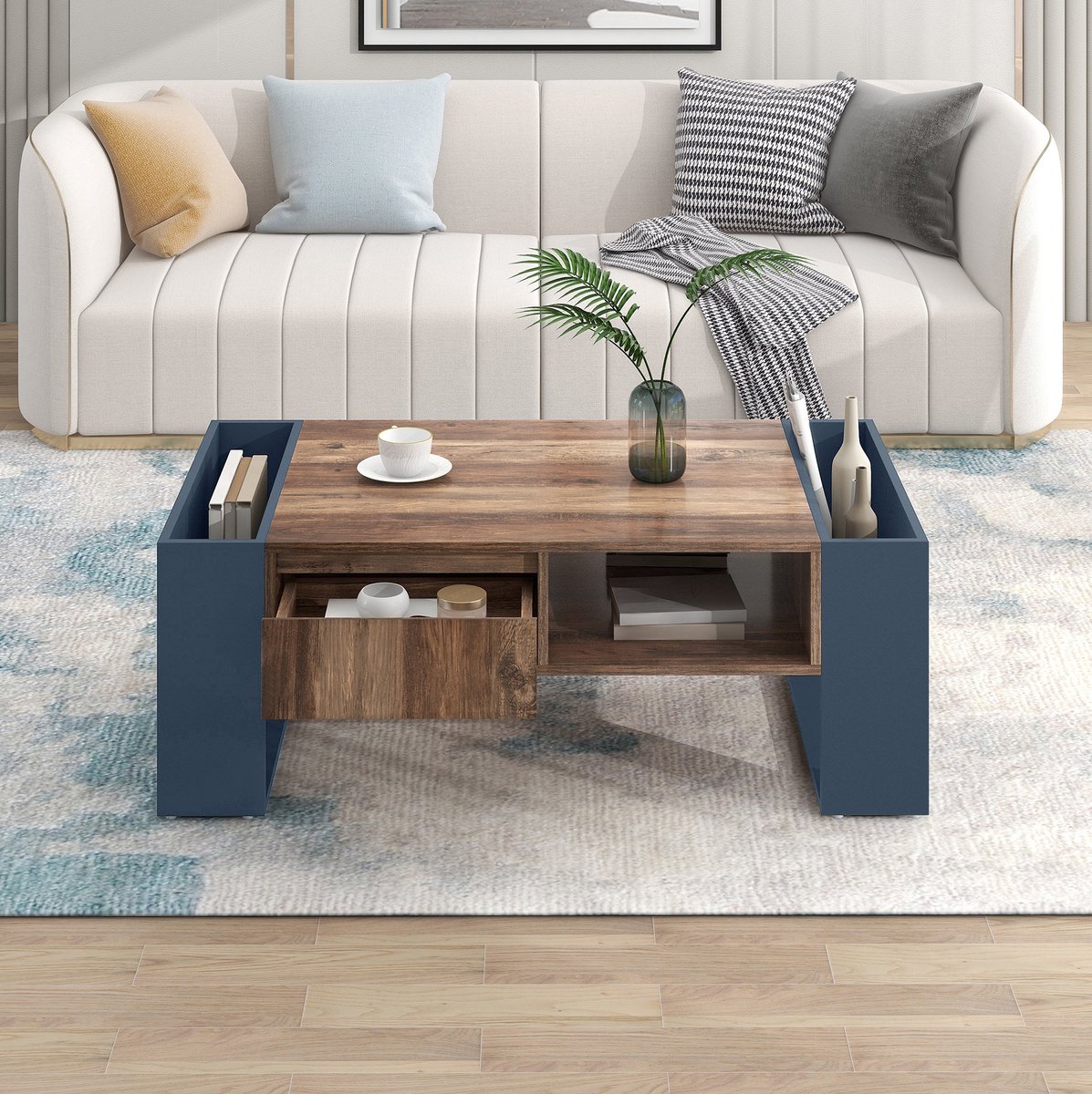HAUSS SPOLE Salontafel - Houtlook Met Greeploze Lade En Dubbele Opbergruimte - Voor Woonkamer - Spaanplaat - 111x60x40 Cm - Zwart Grijs