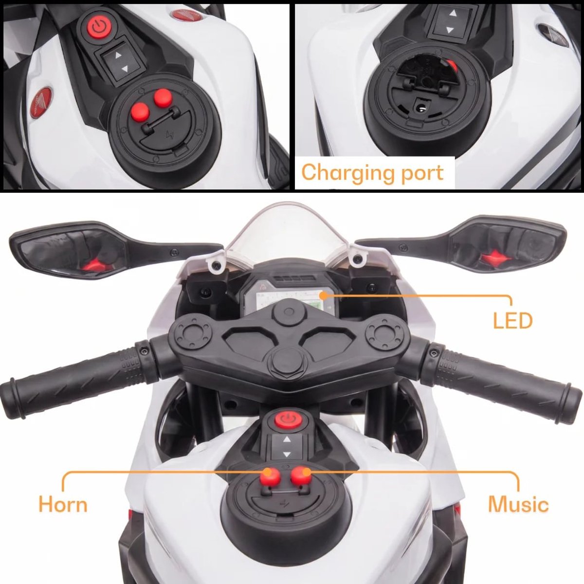 Honda CBR 1000RR Full Option Elektrische Kindermotor 2 tot 5 jaar – Officieel Gelicentieerde Motor met LED-Koplamp & Claxon – Li-ion Kindermotor met Verwijderbare Zijwieltjes & Realistische Geluiden – Wit — afbeelding 14