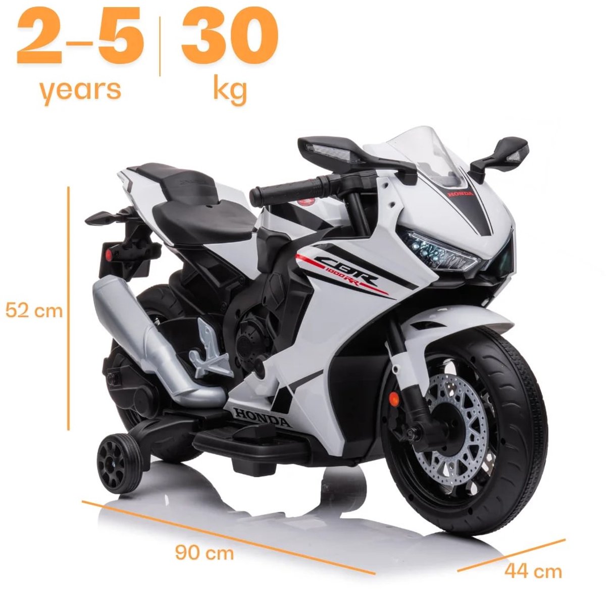 Honda CBR 1000RR Full Option Elektrische Kindermotor 2 tot 5 jaar – Officieel Gelicentieerde Motor met LED-Koplamp & Claxon – Li-ion Kindermotor met Verwijderbare Zijwieltjes & Realistische Geluiden – Wit — afbeelding 17