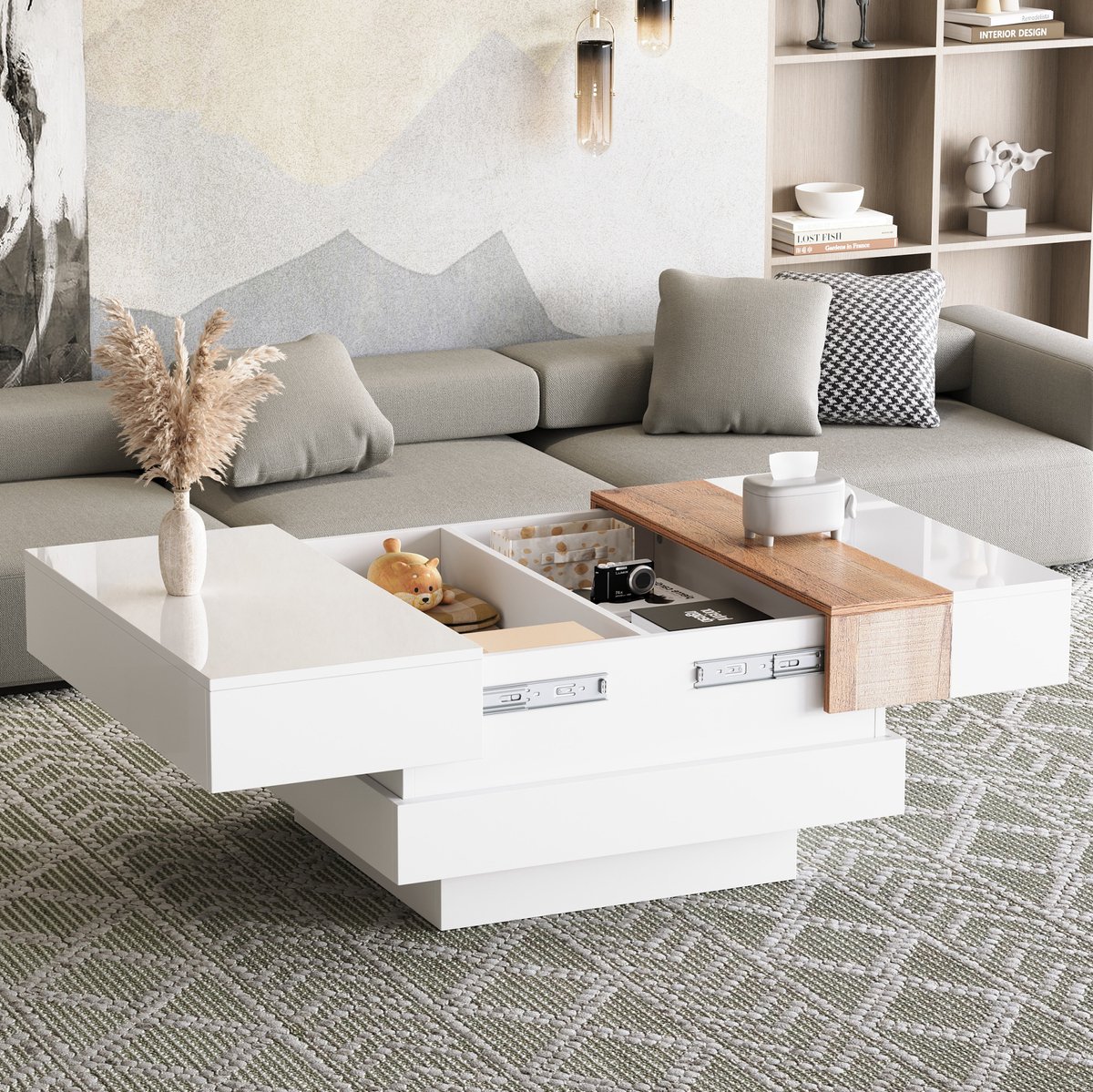 HAUSS SPOLE Salontafel - Uitschuifbaar Met Verborgen Opbergruimte - Voor Woonkamer En Tijdelijk Tafelen - Spaanplaat - 70x70x39 Cm - Wit En Houtkleur