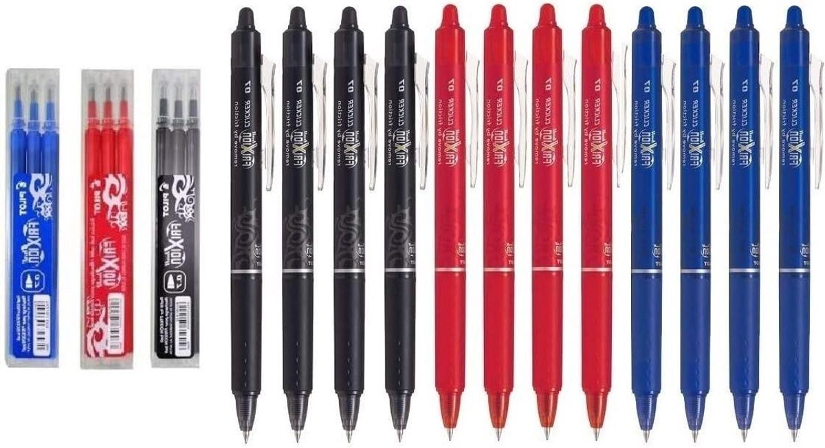 Uitwisbare Pennen Set - Rollerball Pennen - Notities Maken - Vlekkeloos Gummen - 15 Stuks - Blauw Rood Zwart
