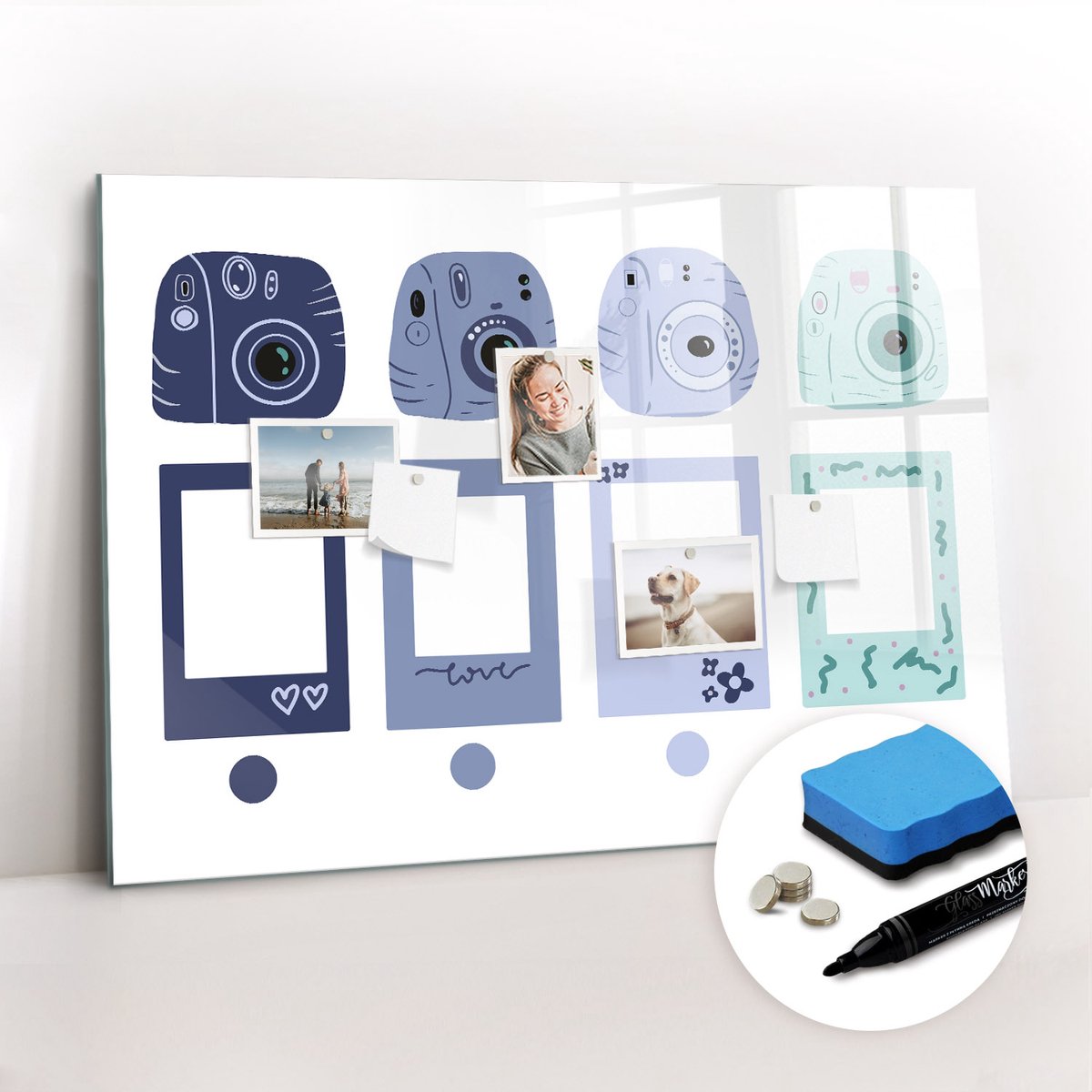 Tulup Whitebord - Polaroid-frames - 100 x 70 cm - Blauw Magnetic Board - Gratis 5 Sterke Magneten + Whiteboard Marker & Wisser - Stylish Memo Board - Memo Bord - Organiseer Je Bureau