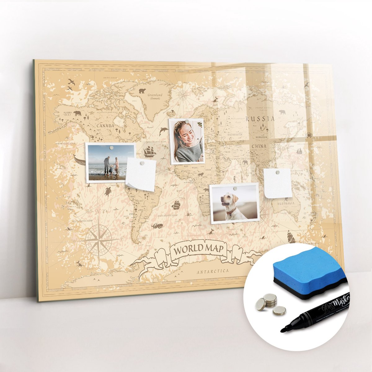 Tulup Whitebord - Archiefkaart van de wereld uit een vintage periode - 100 x 70 cm - Bruin Memobord Glas - Gratis 5 Sterke Magneten + Whiteboard Marker & Wisser - Interieur Accessoires Kantoor - Magnetisch Memobord - Productiviteit Tools