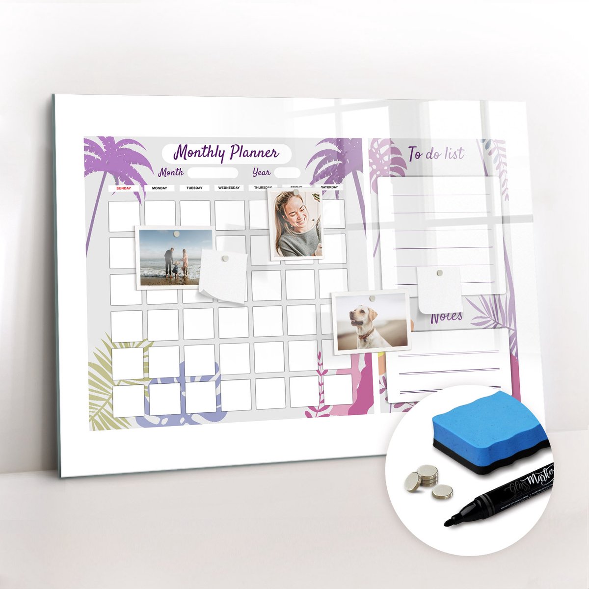 Tulup Whitebord - Maandplanner voor het gezin - 100 x 70 cm - Paars Magneetbord Design - Gratis 5 Sterke Magneten + Whiteboard Marker & Wisser - Stylish Memo Board - Magneetbord Keuken - Organiseer Je Bureau