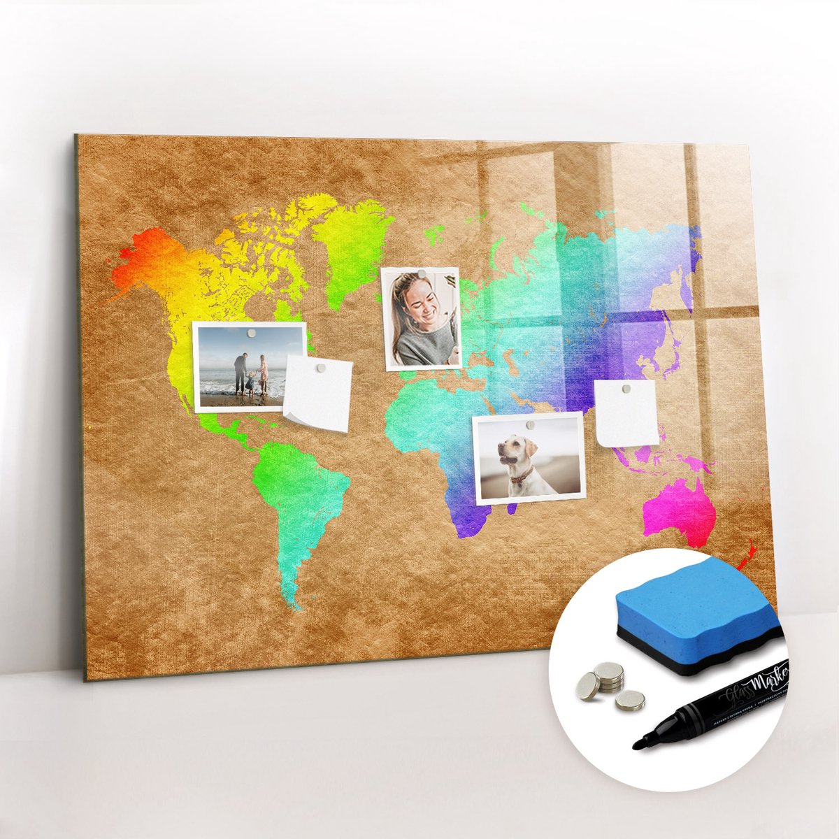 Tulup Whitebord - Overzicht van de landen van de wereld - 100 x 70 cm - Veelkleurig Memobord Magnetisch - Inclusief Gratis Magneten & Marker & Spons - Industrieel Wandbord - Magneetbord Design - Productiviteit Tools