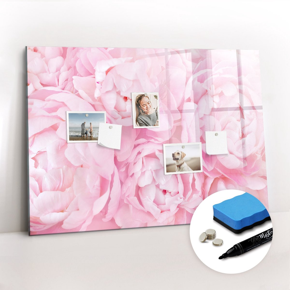 Tulup Whitebord - Bloeiende pioenrozen - 100 x 70 cm - Roze Magneetbord Design - Gratis 5 Sterke Magneten + Whiteboard Marker & Wisser - Design Memobord - Magneetbord Muur - Ideeënbord Thuiswerkplek
