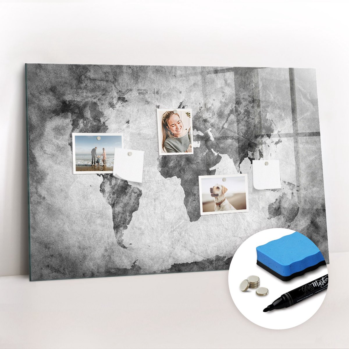 Tulup Whitebord - Geografische wereldkaart - 90 x 60 cm - Zwart-wit Memobord Magnetisch - Gratis 5 Sterke Magneten + Whiteboard Marker & Wisser - Industrieel Wandbord - Memo Bord - Inspiratiebord Kantoor