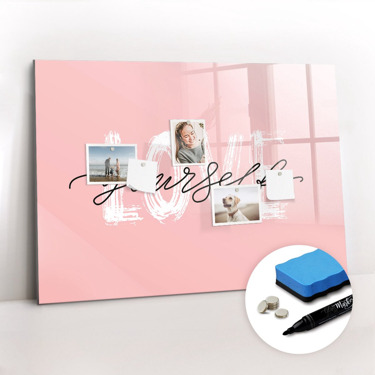 Tulup Whitebord - Houd van jezelf (tekst) - 100 x 70 cm - Roze Magnetisch Bord - Gratis 5 Sterke Magneten + Whiteboard Marker & Wisser - Interieur Accessoires Kantoor - Magnetisch Memobord - Productiviteit Tools