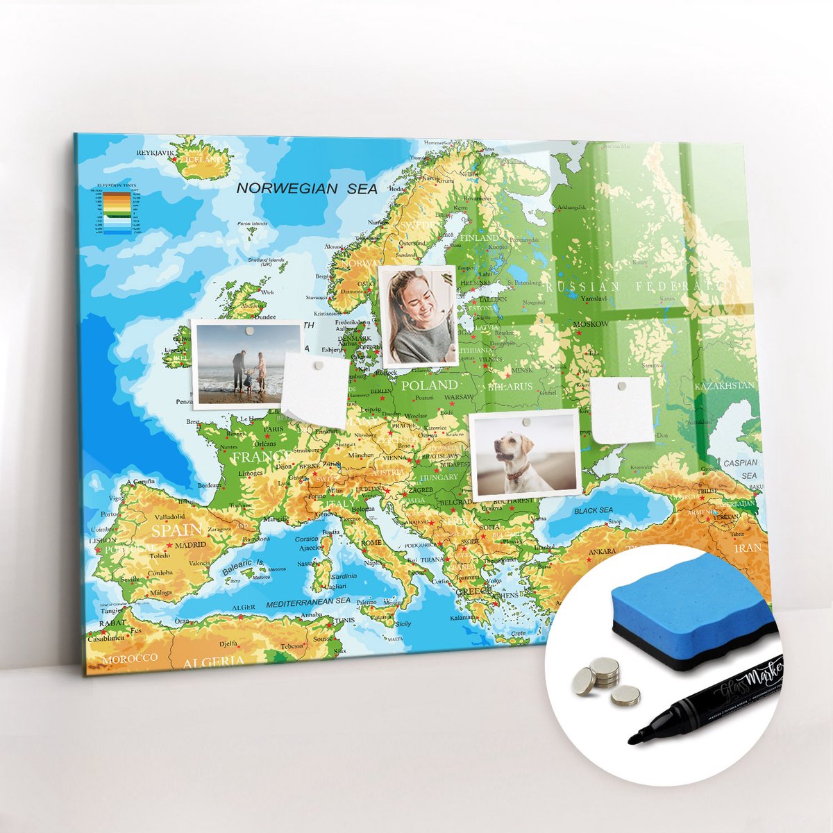 Tulup Whitebord - Wereldkaart voor school - 100 x 70 cm - Veelkleurig Memo Magneetbord - Gratis 5 Sterke Magneten + Whiteboard Marker & Wisser - Moderne Wanddecoratie - Magnetisch Bord - Organiseer Je Bureau