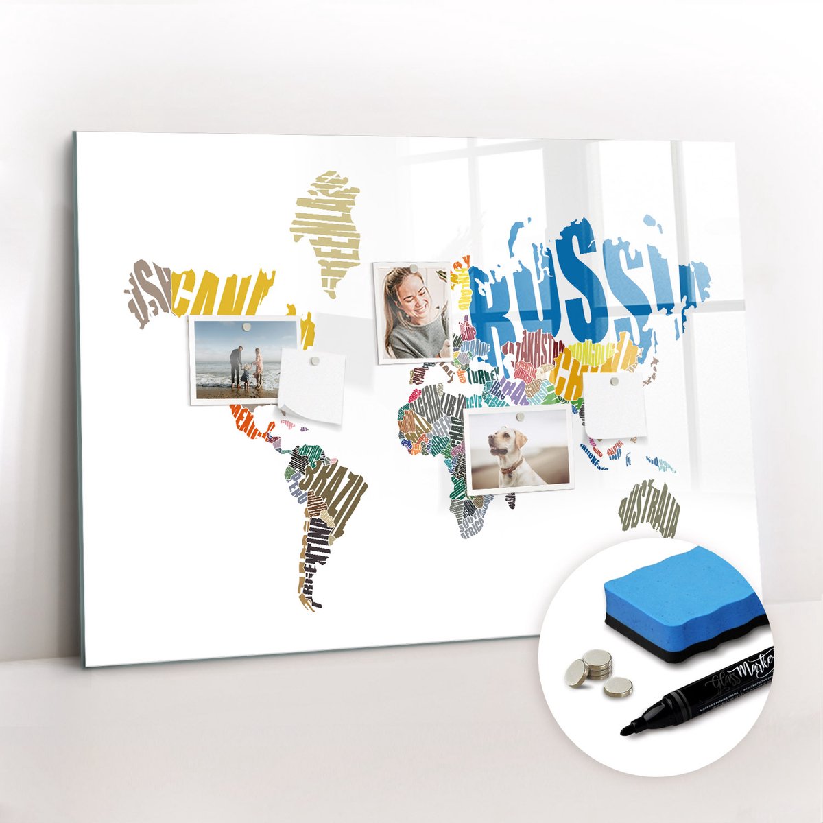 Tulup Whitebord - Typografische wereldkaart - 100 x 70 cm - Veelkleurig Magneetbord Foto - Gratis 5 Sterke Magneten + Whiteboard Marker & Wisser - Organizer Muur - Memo Bord - Notitiebord Werkplek