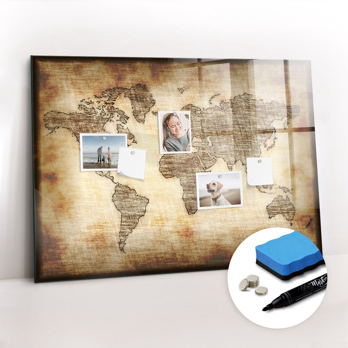 Tulup Whitebord - Archiefkaart van de wereld - 100 x 70 cm - Bruin Magnetische borden voor reismagneten - Gratis 5 Sterke Magneten + Whiteboard Marker & Wisser - Moderne Wanddecoratie - Magnet Board - Notitiebord Werkplek