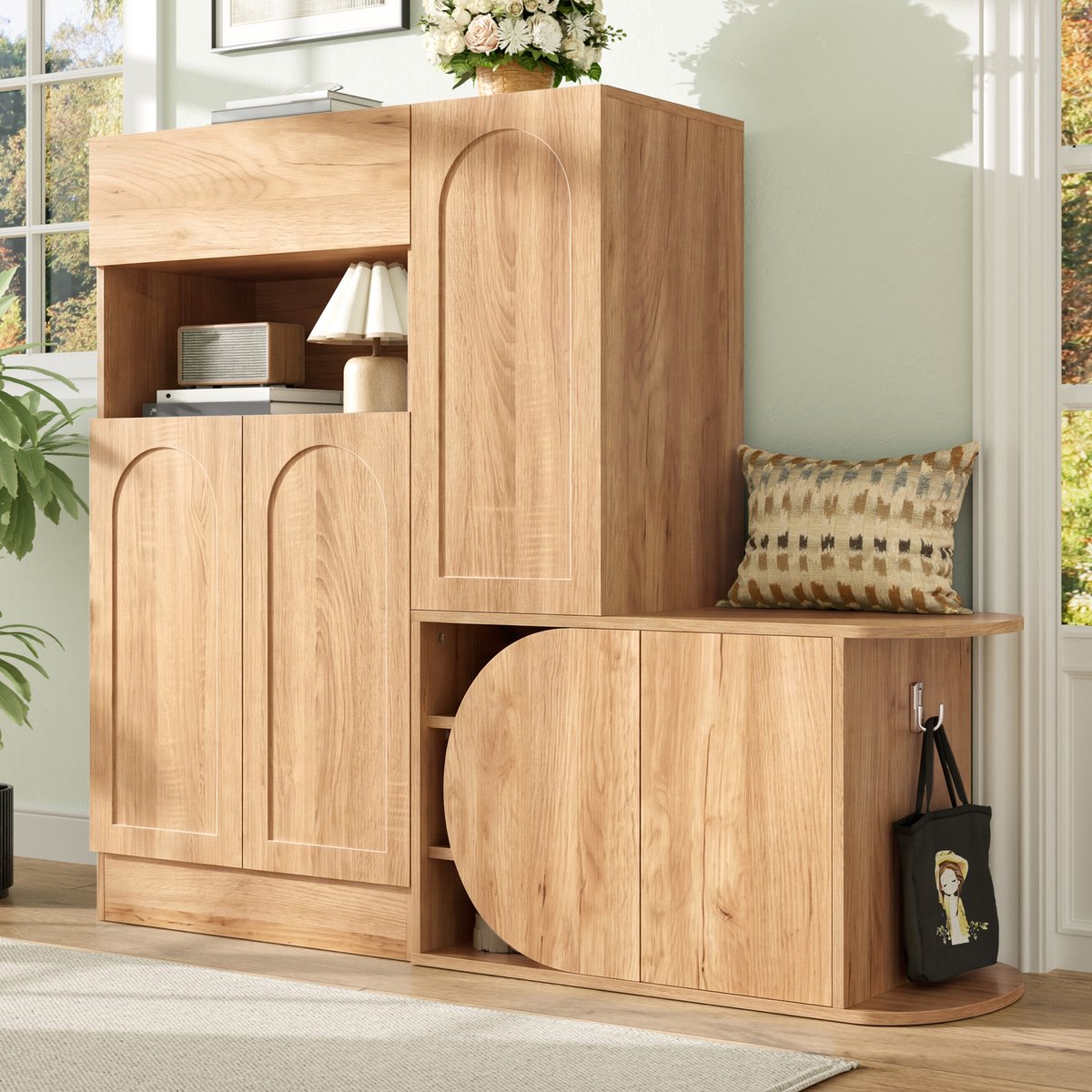 Sweiko Schoenenkast - Halmeubel - Met zitten - Lades - Houtlook - 130 × 35 × 110.5 cm - Natuurlijke