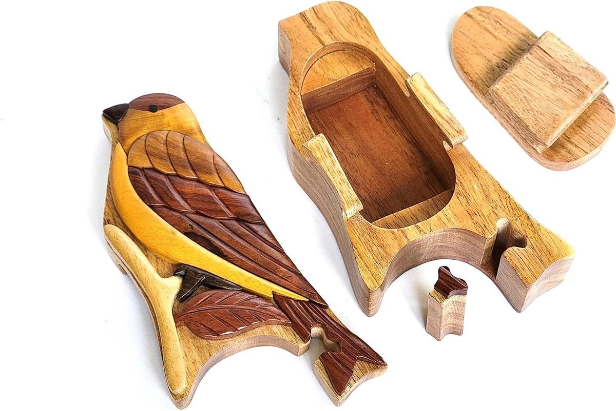 Houten Puzzelbox - Geheime Doos - Opbergen van Spullen - Handgemaakt Intarsia - 15.24 x 10.16 cm - Houtkleur